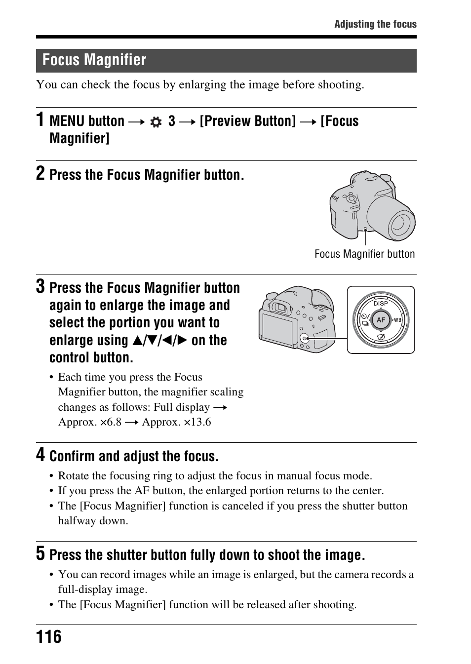 Focus magnifier, On (116) | Sony SLT-A58 User Manual | Page 116 / 215