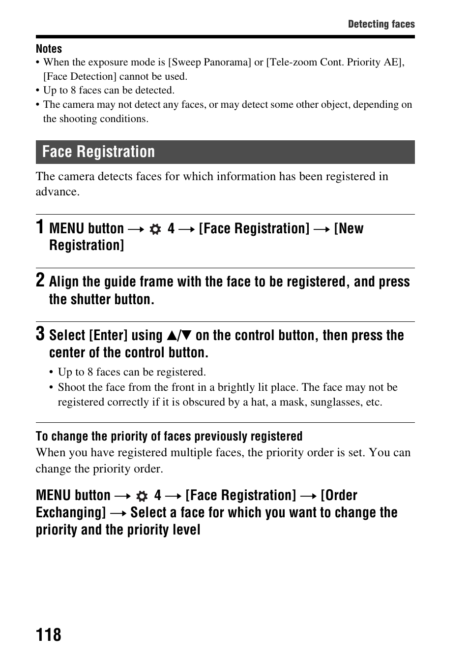 Face registration | Sony SLT-A58 User Manual | Page 118 / 215