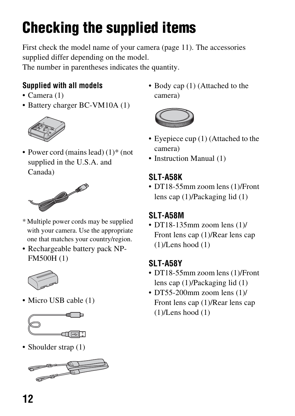 Preparing the camera, Checking the supplied items | Sony SLT-A58 User Manual | Page 12 / 215