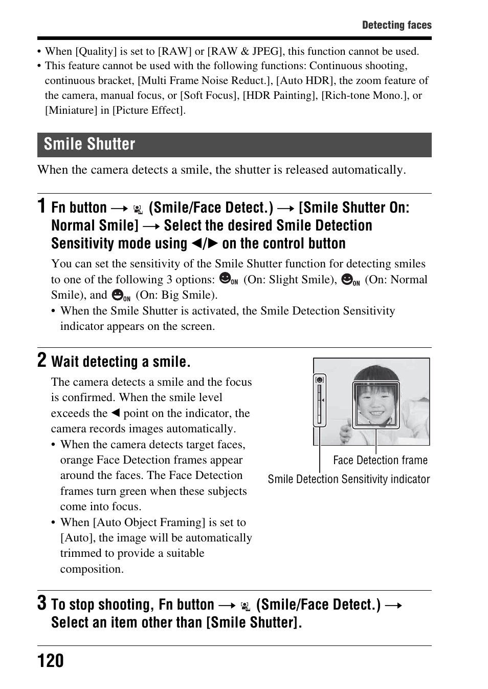 Smile shutter | Sony SLT-A58 User Manual | Page 120 / 215