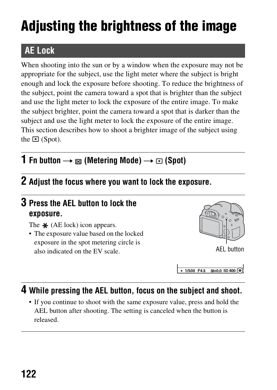 Adjusting the brightness of the image, Ae lock, N (122 | Ton (122), Lock (122) | Sony SLT-A58 User Manual | Page 122 / 215