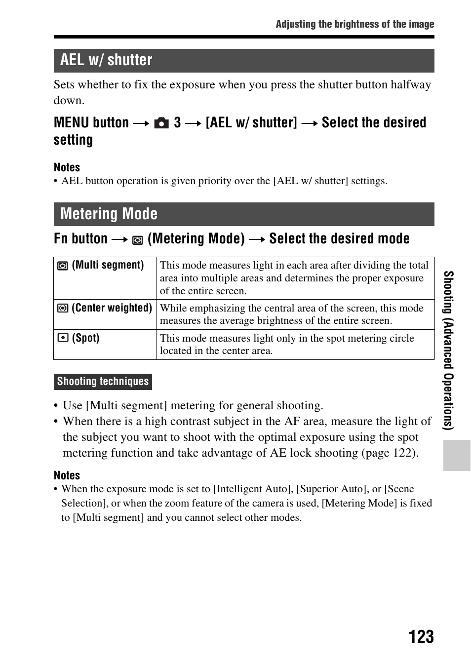 Ael w/ shutter, Metering mode, Ael w/ shutter metering mode | E (123), De (123) | Sony SLT-A58 User Manual | Page 123 / 215