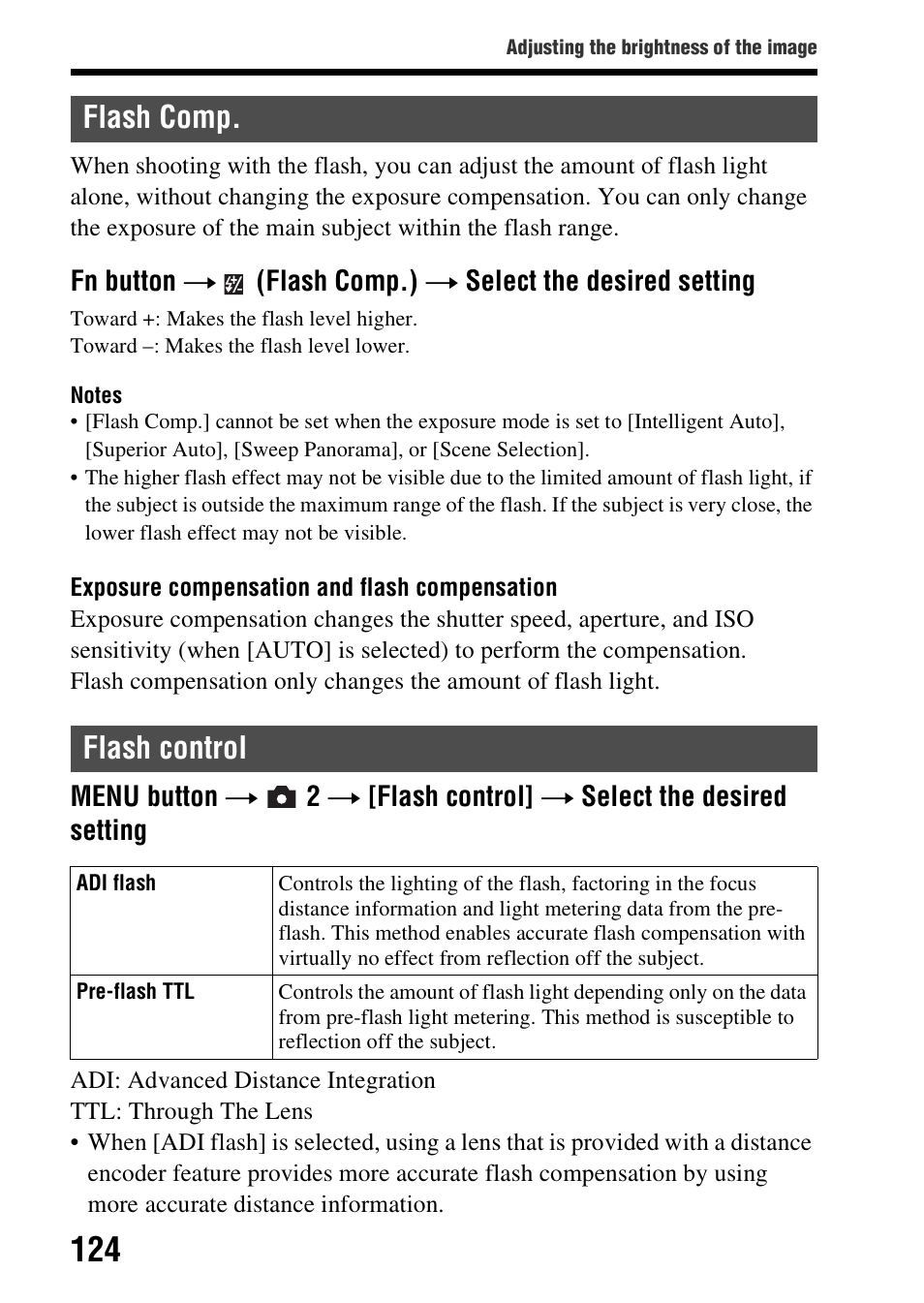 Flash comp, Flash control, Flash comp flash control | Ol (124), Flash comp. flash control | Sony SLT-A58 User Manual | Page 124 / 215