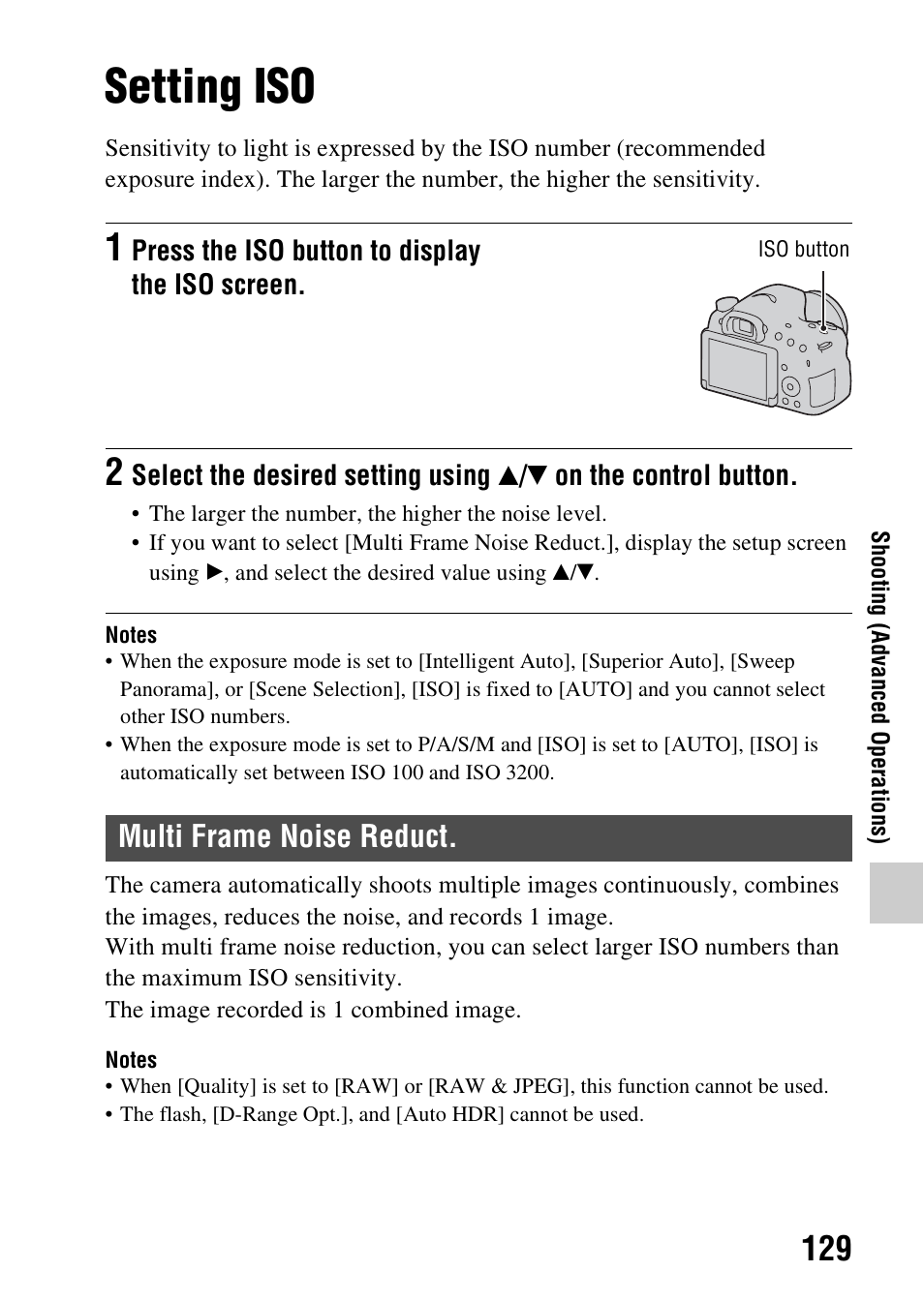 Setting iso, Multi frame noise reduct, N (129 | Button (129), Ivity (129) | Sony SLT-A58 User Manual | Page 129 / 215