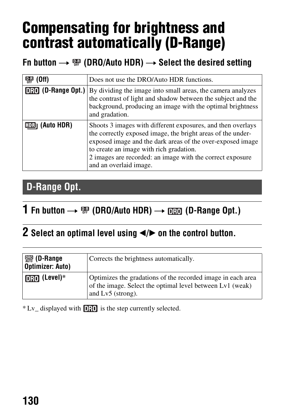 D-range opt, Range) d-range opt, 130)/aut | 130)/au | Sony SLT-A58 User Manual | Page 130 / 215