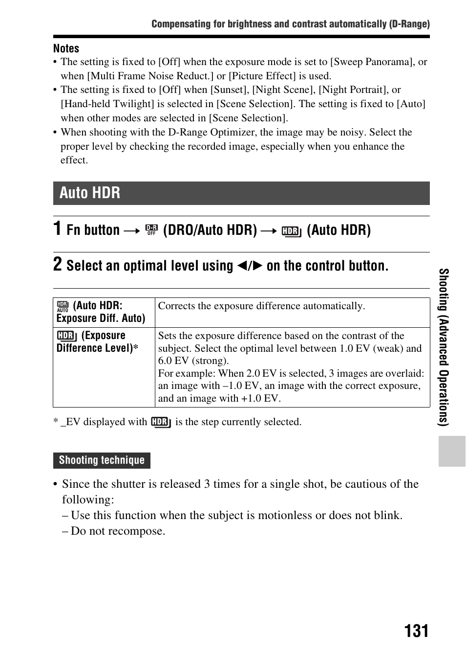 Auto hdr, Ning (131), Fn button t (dro/auto hdr) t (auto hdr) | Sony SLT-A58 User Manual | Page 131 / 215