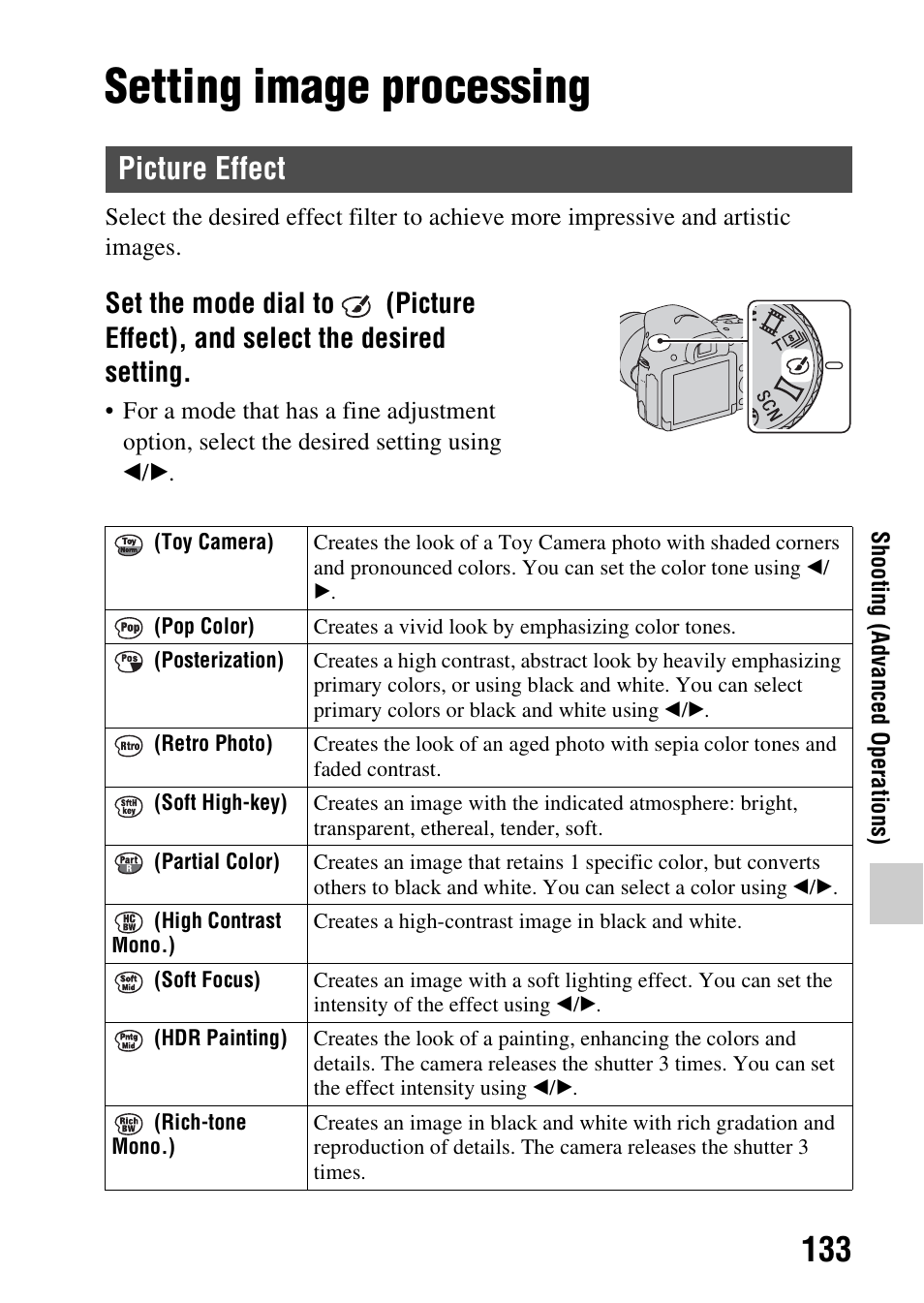 Setting image processing, Picture effect, Ect (133) | Fect (133) | Sony SLT-A58 User Manual | Page 133 / 215