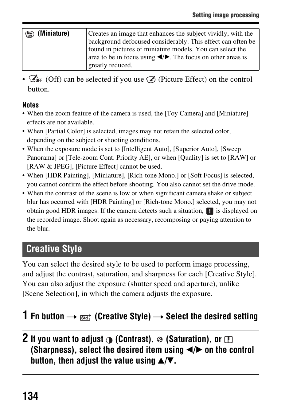 Creative style, E (134), Fn button t | Creative style) t select the desired setting | Sony SLT-A58 User Manual | Page 134 / 215