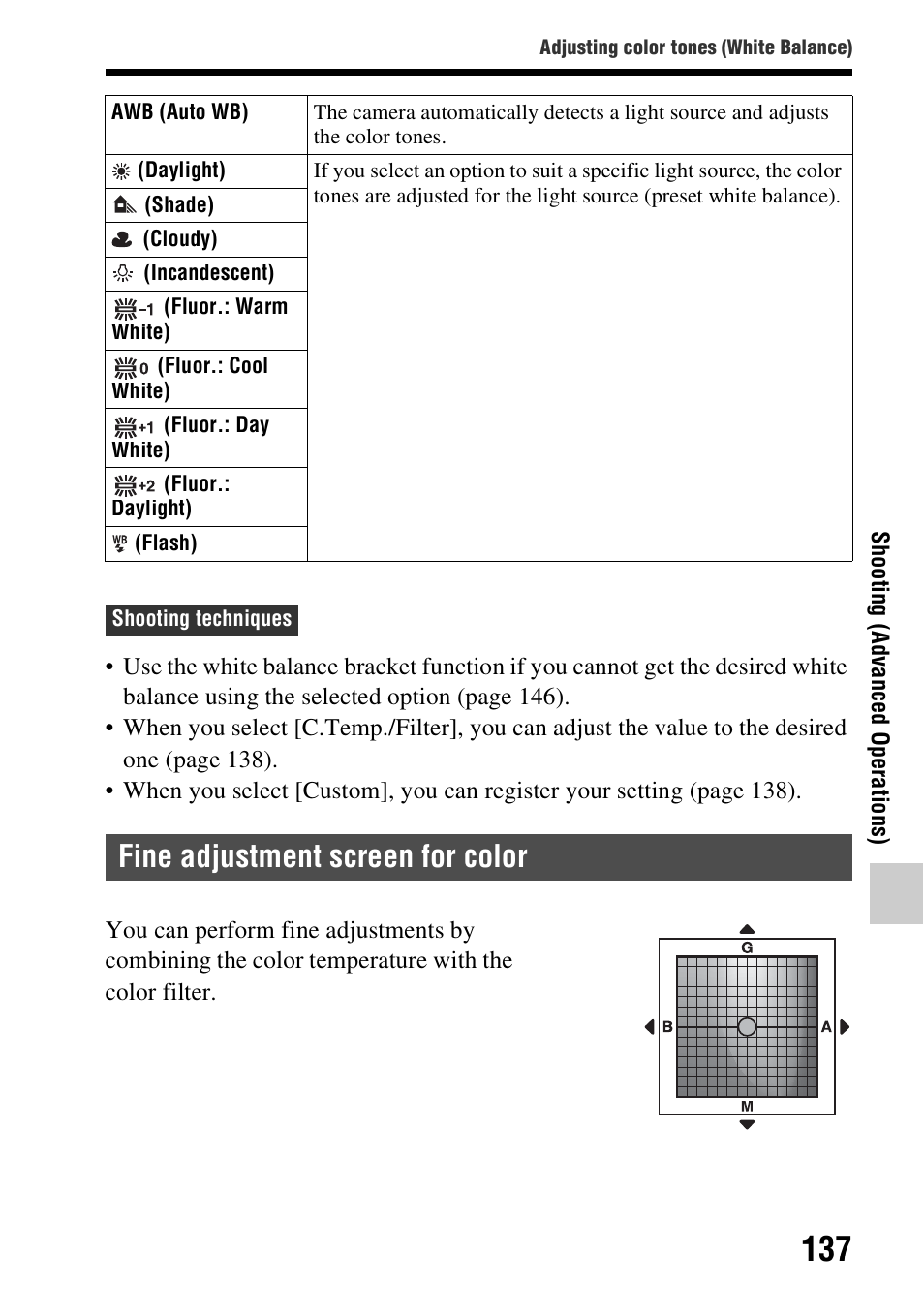 Fine adjustment screen for color | Sony SLT-A58 User Manual | Page 137 / 215