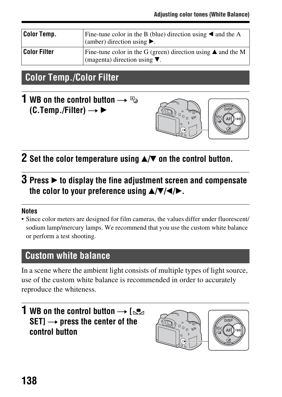 Color temp./color filter, Custom white balance, Color temp./color filter custom white balance | Sony SLT-A58 User Manual | Page 138 / 215