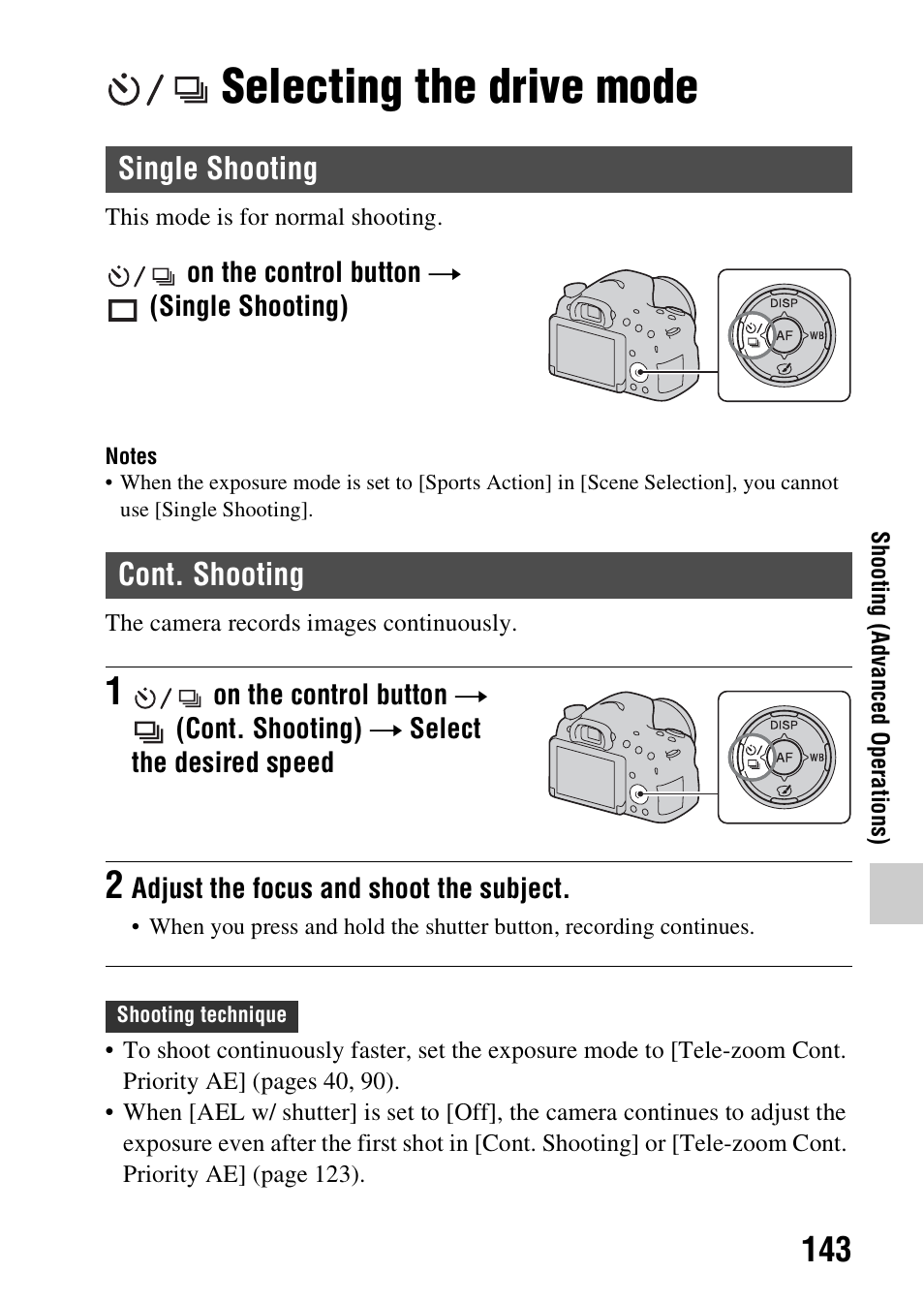 Selecting the drive mode, Single shooting, Cont. shooting | Single shooting cont. shooting | Sony SLT-A58 User Manual | Page 143 / 215