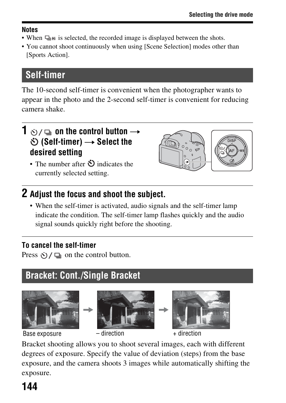 Self-timer, Bracket: cont./single bracket, Self-timer bracket: cont./single bracket | Sony SLT-A58 User Manual | Page 144 / 215