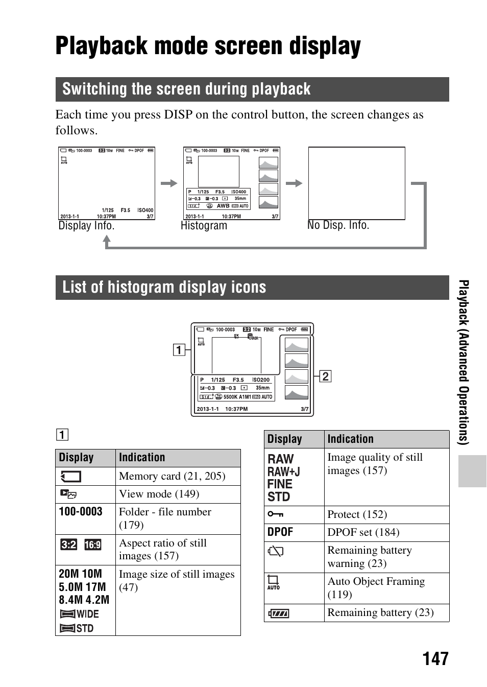 Playback, Playback mode screen display, Switching the screen during playback | List of histogram display icons | Sony SLT-A58 User Manual | Page 147 / 215