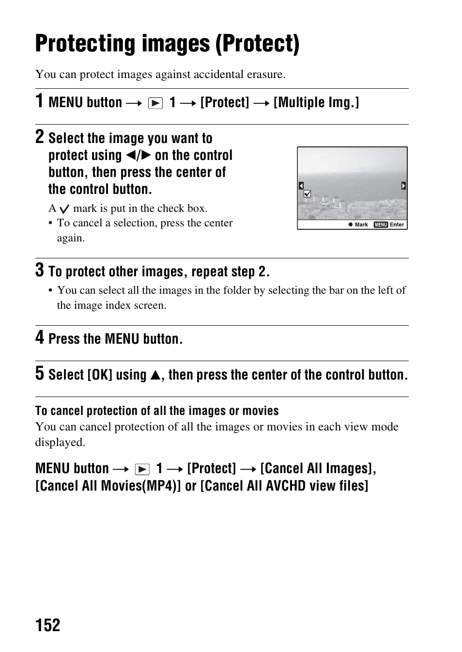 Protecting images (protect), Otect (152), T (152) | Sony SLT-A58 User Manual | Page 152 / 215