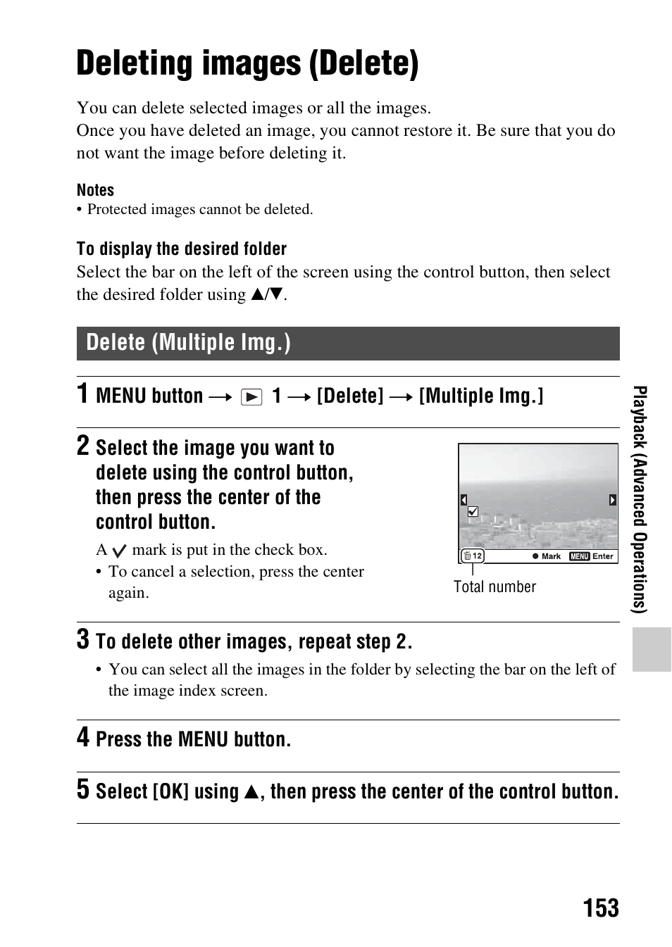 Deleting images (delete), Delete (multiple img.) | Sony SLT-A58 User Manual | Page 153 / 215