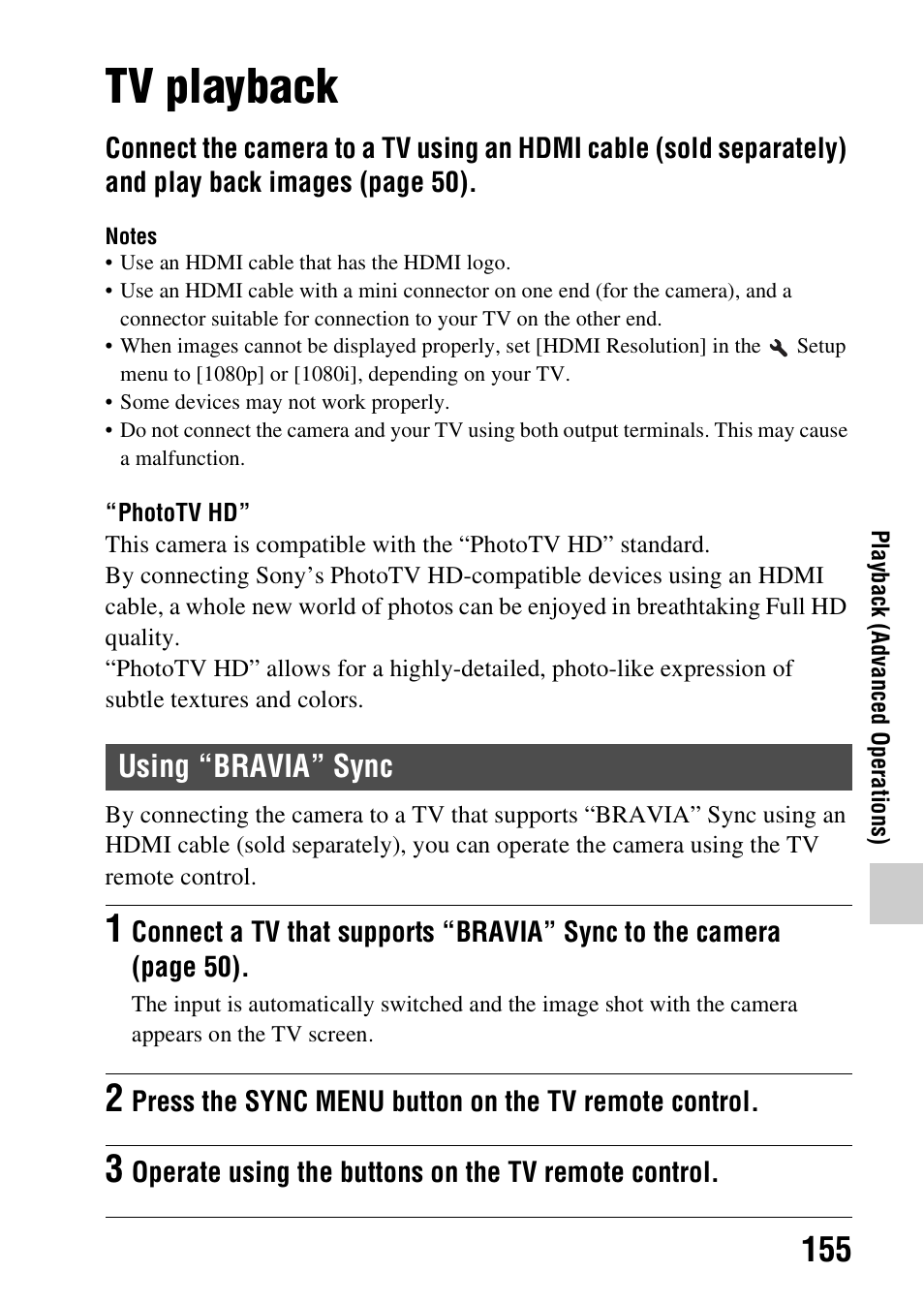 Tv playback, Using “bravia” sync | Sony SLT-A58 User Manual | Page 155 / 215