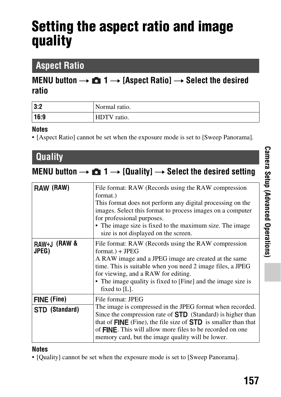 Camera setup, Setting the aspect ratio and image quality, Aspect ratio | Quality, Aspect ratio quality, Atio (157) | Sony SLT-A58 User Manual | Page 157 / 215