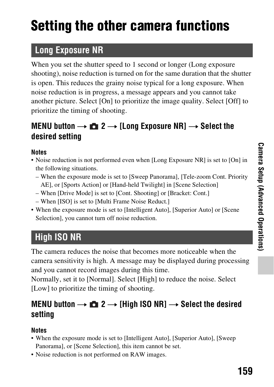 Setting the other camera functions, Long exposure nr, High iso nr | Long exposure nr high iso nr | Sony SLT-A58 User Manual | Page 159 / 215