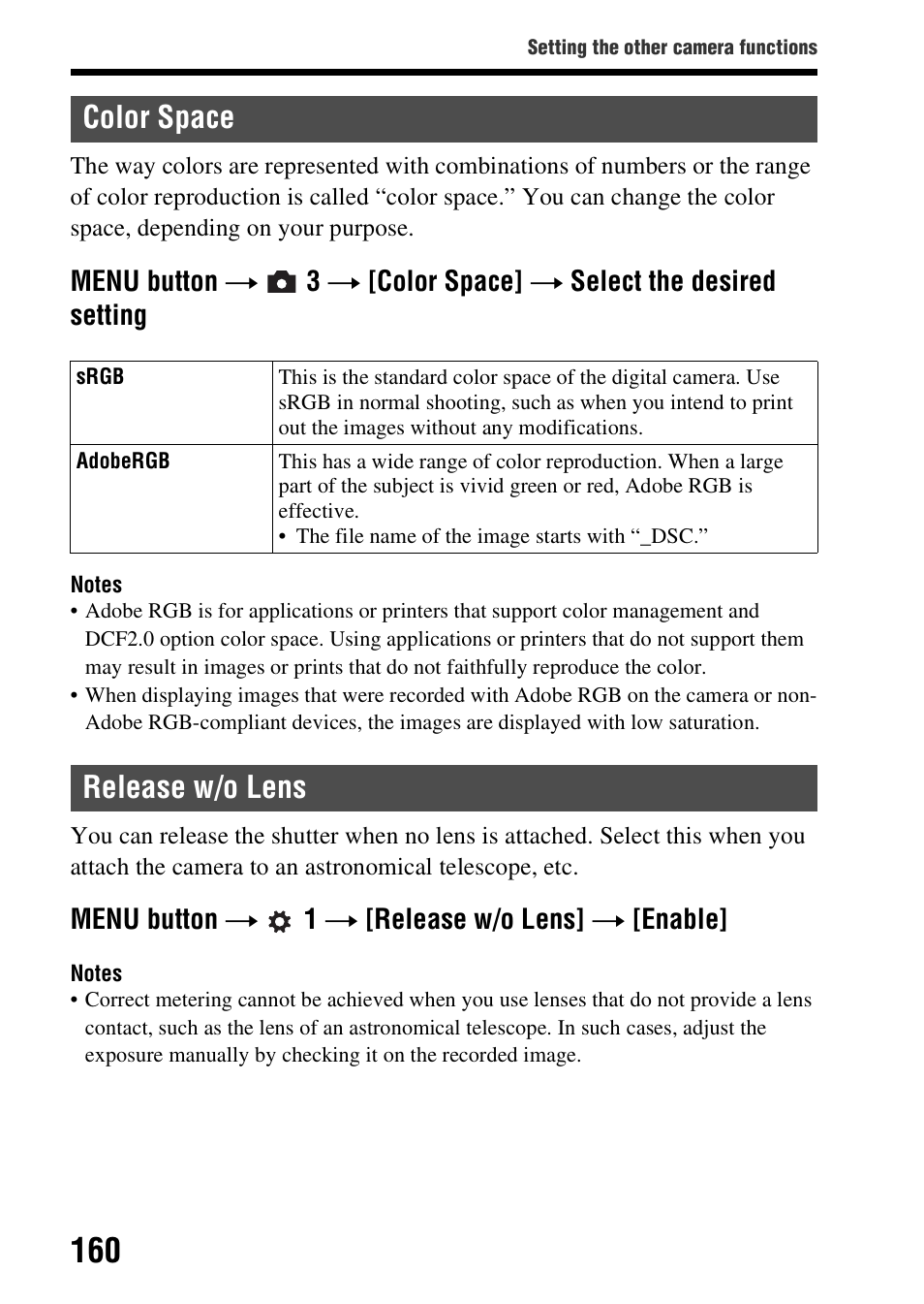 Color space, Release w/o lens, Color space release w/o lens | Pace (160), Menu button t 1 t [release w/o lens] t [enable | Sony SLT-A58 User Manual | Page 160 / 215