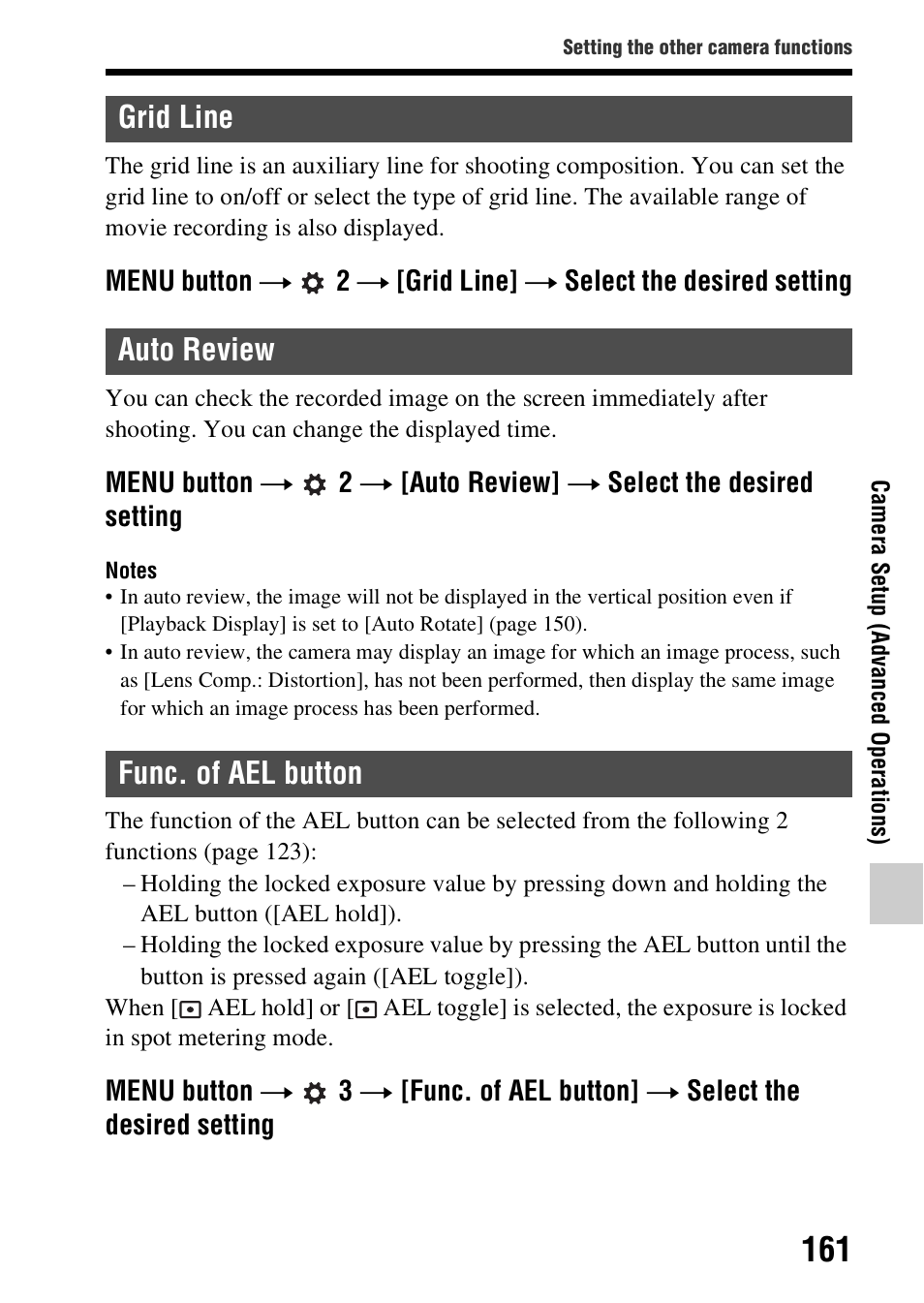 Grid line, Auto review, Func. of ael button | Auto review func. of ael button, Id line (161), Grid line auto review func. of ael button | Sony SLT-A58 User Manual | Page 161 / 215