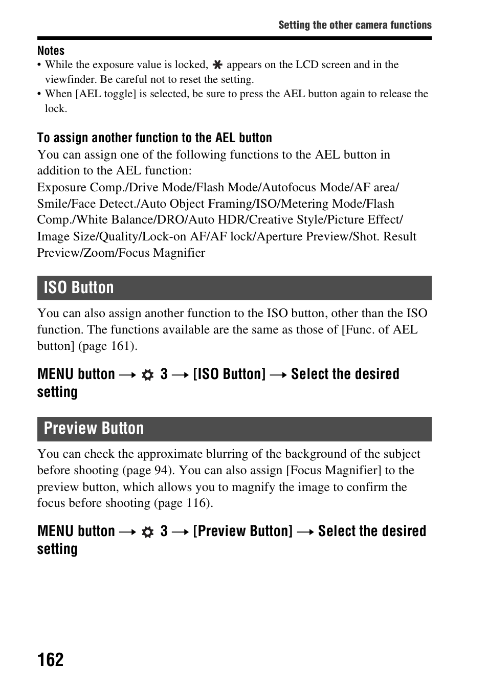 Iso button, Preview button, Iso button preview button | On (162) | Sony SLT-A58 User Manual | Page 162 / 215