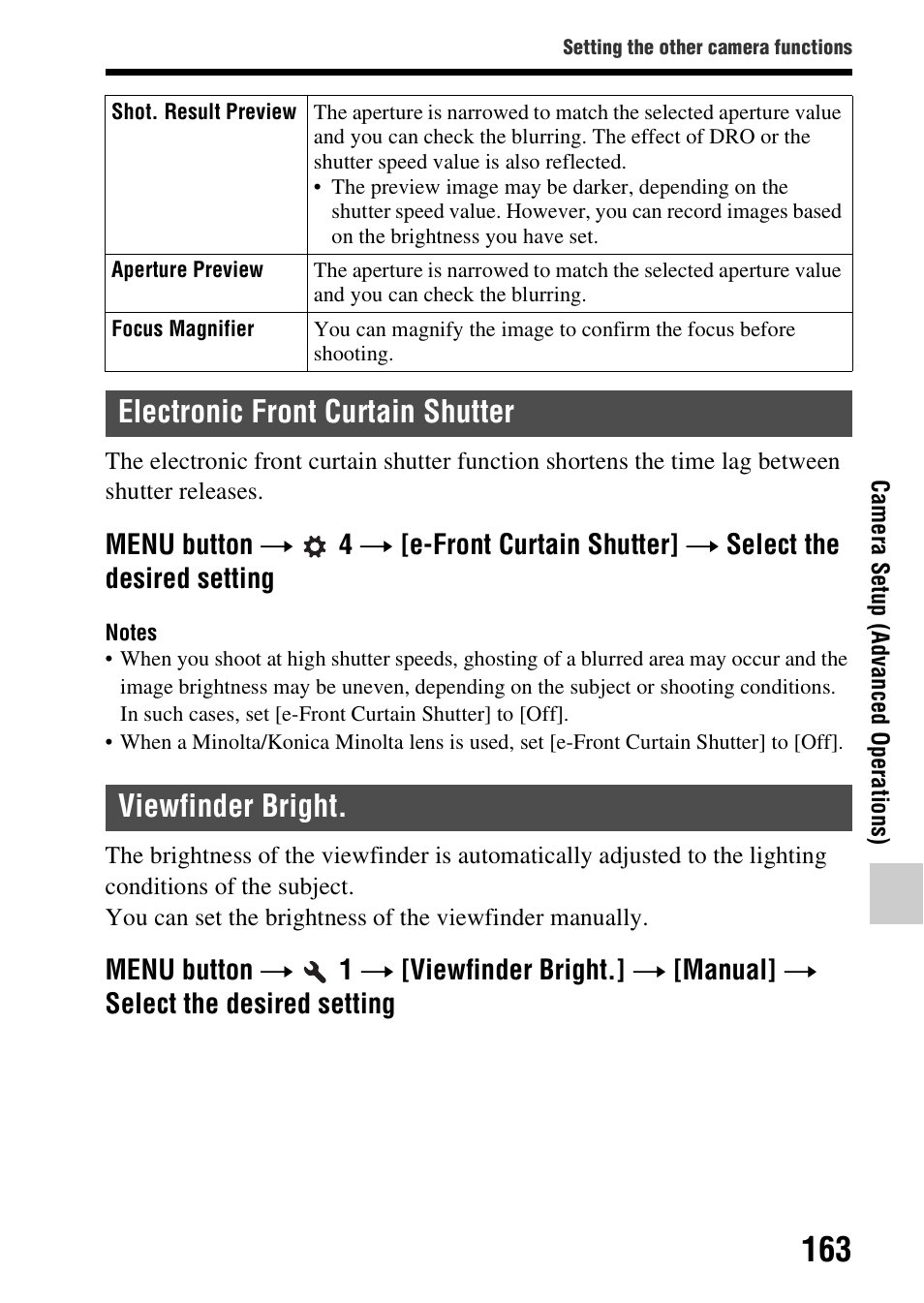 Electronic front curtain shutter, Viewfinder bright, Electronic front curtain shutter viewfinder bright | R (163) | Sony SLT-A58 User Manual | Page 163 / 215