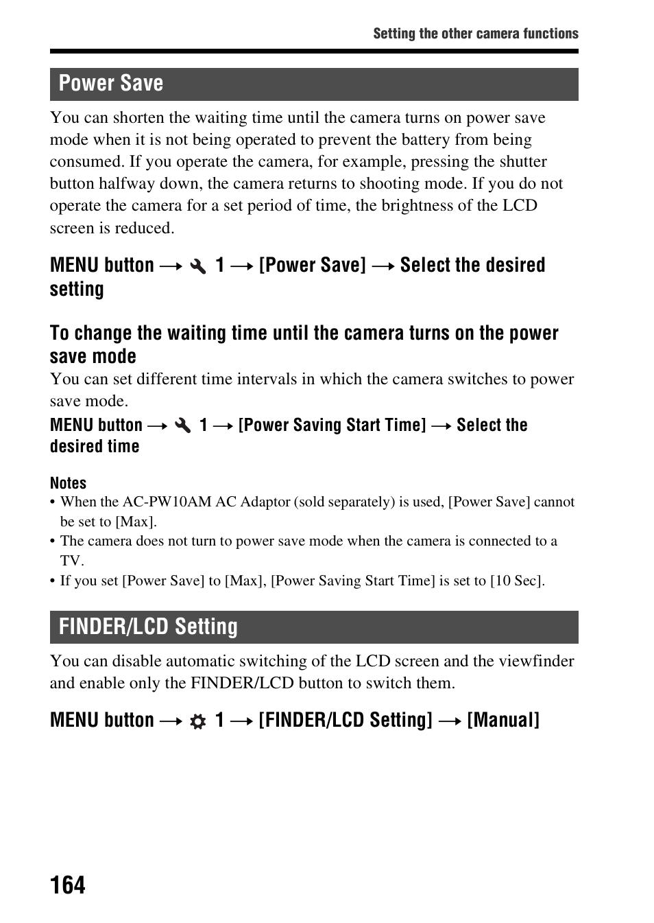 Power save, Finder/lcd setting, Power save finder/lcd setting | N (164), On (164), Ave (164), E (164) | Sony SLT-A58 User Manual | Page 164 / 215