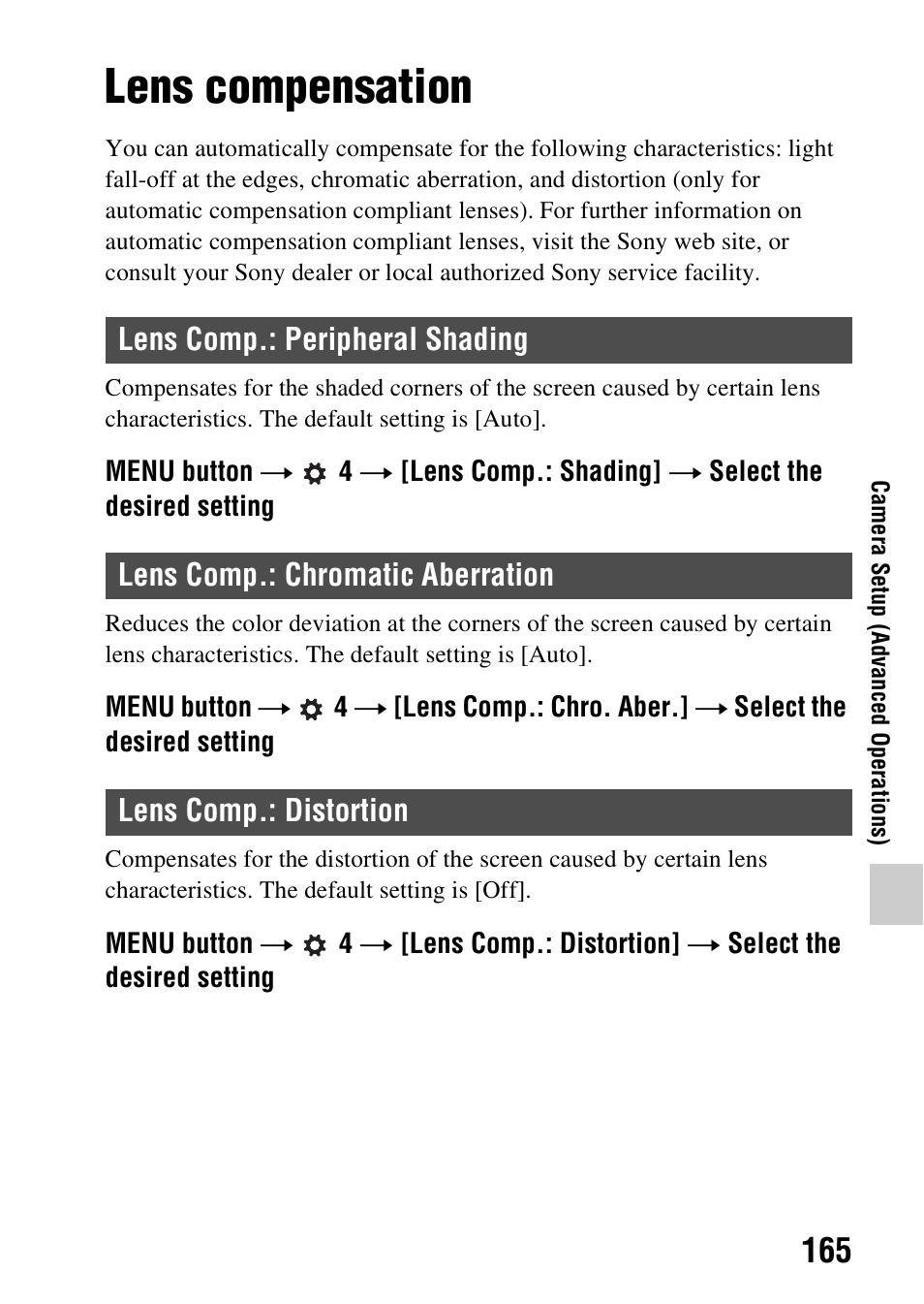 Lens compensation, Lens comp.: peripheral shading, Lens comp.: chromatic aberration | Lens comp.: distortion, On (165) | Sony SLT-A58 User Manual | Page 165 / 215