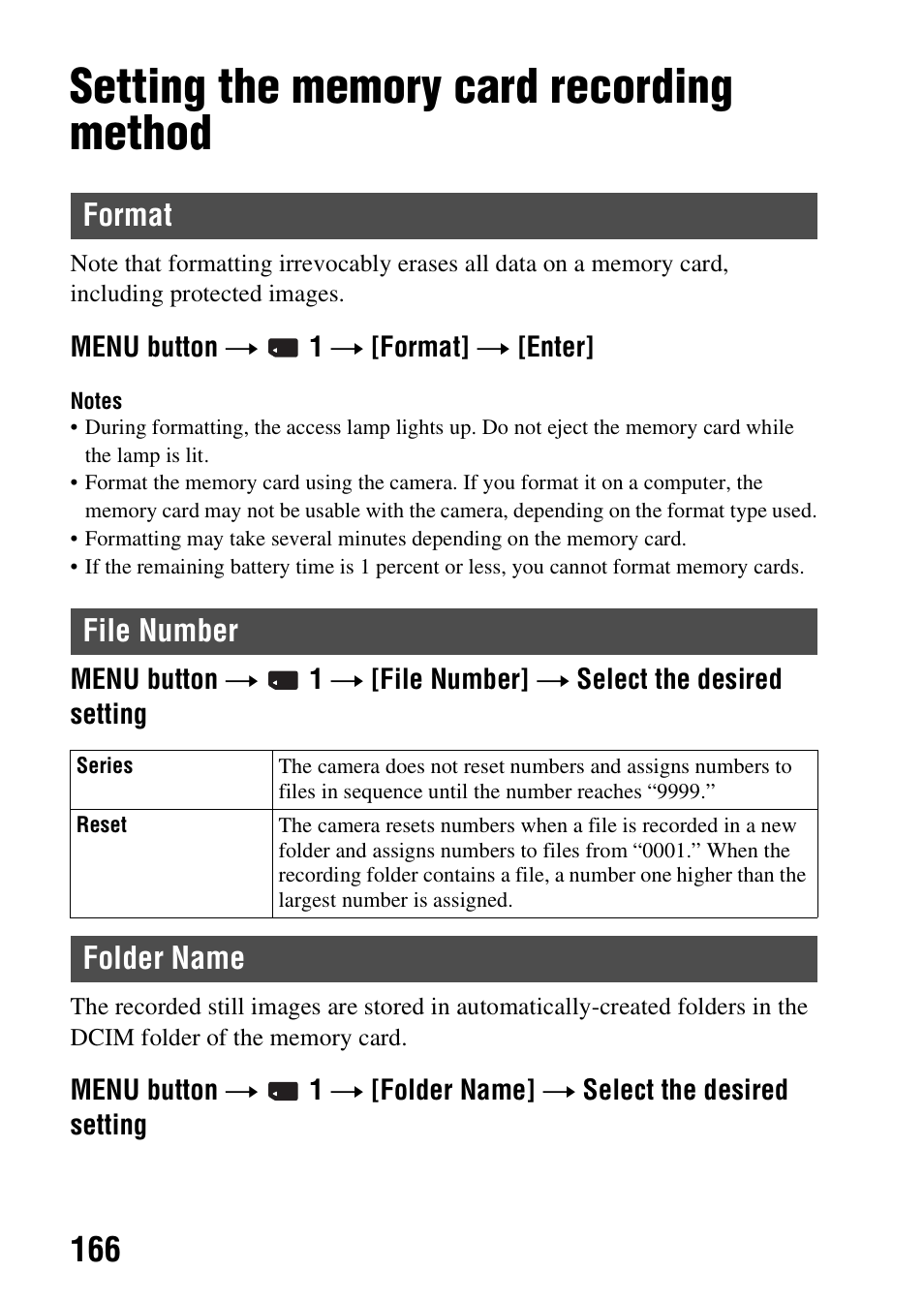 Setting the memory card recording method, Format, File number | Folder name, Format file number folder name, Ame (166), Format file number | Sony SLT-A58 User Manual | Page 166 / 215