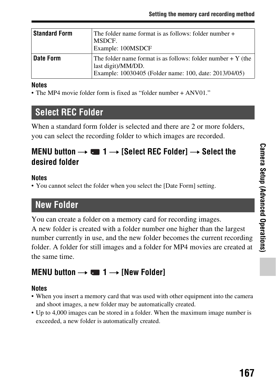 Select rec folder, New folder, Select rec folder new folder | Menu button t 1 t [new folder | Sony SLT-A58 User Manual | Page 167 / 215