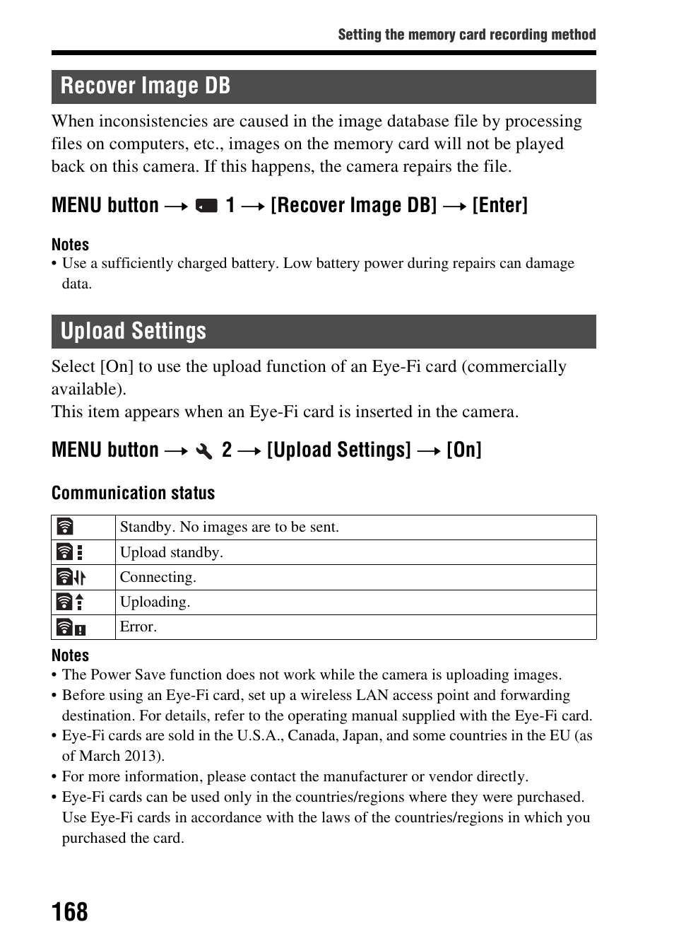 Recover image db, Upload settings, Recover image db upload settings | D (168), Upload (168), Menu button t 1 t [recover image db] t [enter, Menu button t 2 t [upload settings] t [on | Sony SLT-A58 User Manual | Page 168 / 215