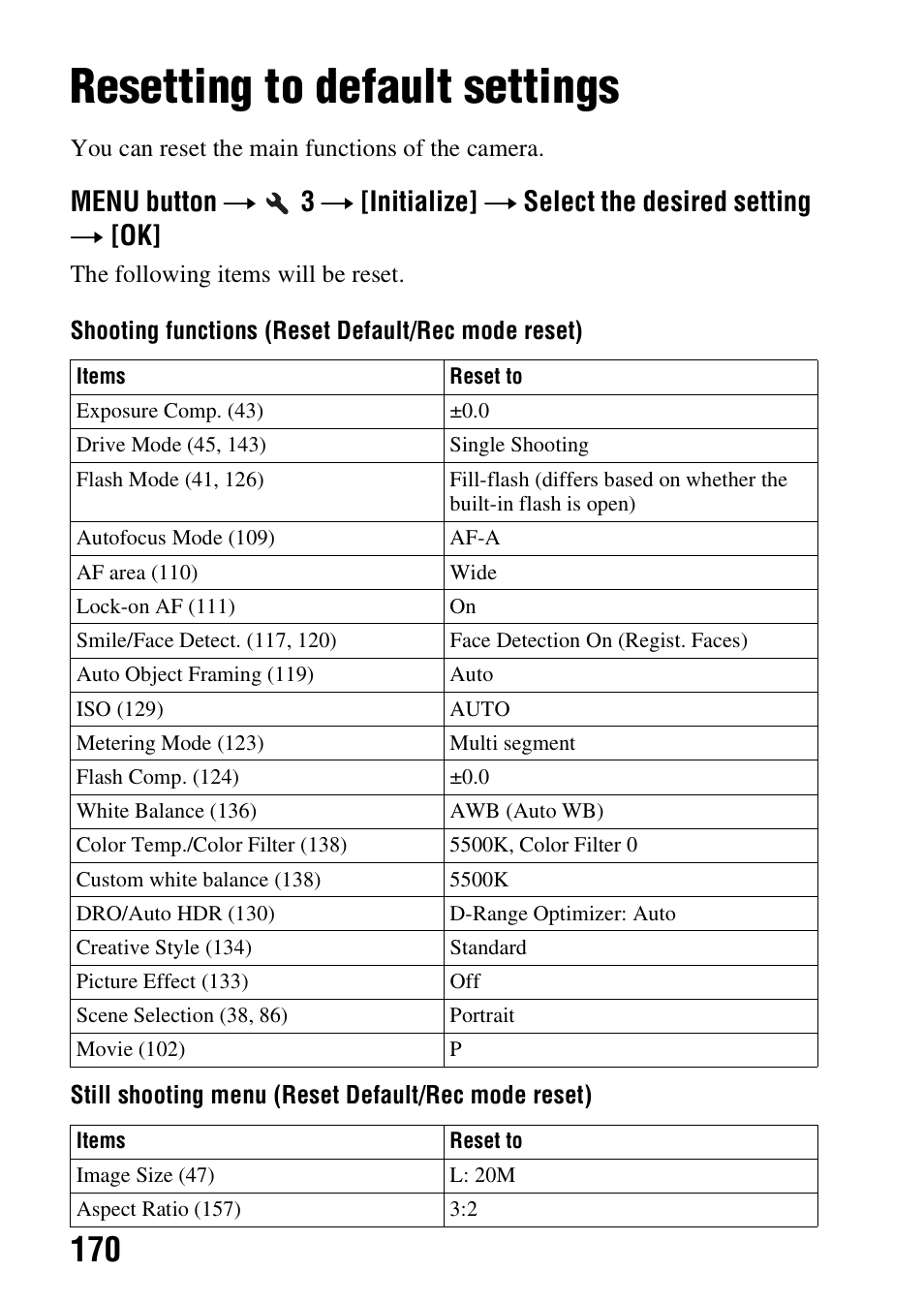 Resetting to default settings, E (170) | Sony SLT-A58 User Manual | Page 170 / 215