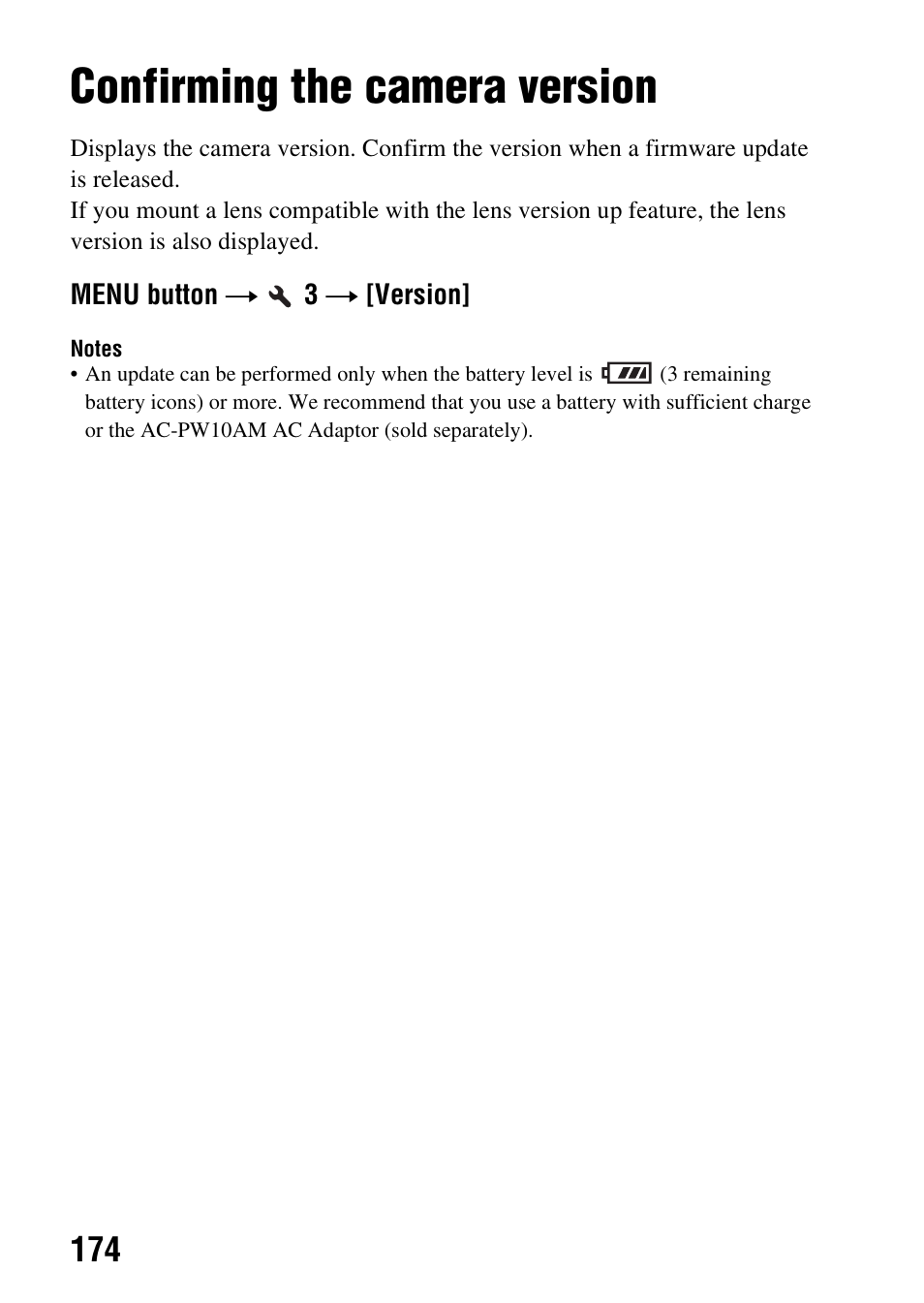 Confirming the camera version, Ion (174) | Sony SLT-A58 User Manual | Page 174 / 215