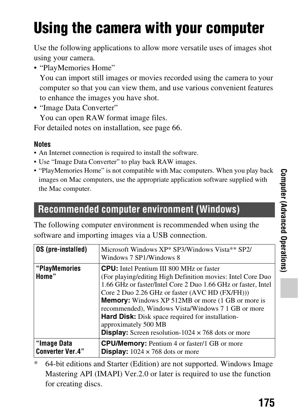 Computer, Using the camera with your computer, Recommended computer environment (windows) | Sony SLT-A58 User Manual | Page 175 / 215