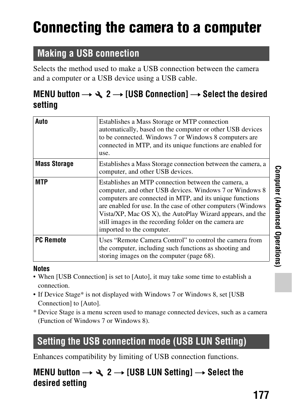 Connecting the camera to a computer, Making a usb connection, Setting the usb connection mode (usb lun setting) | Onnection (177), Ing (177) | Sony SLT-A58 User Manual | Page 177 / 215