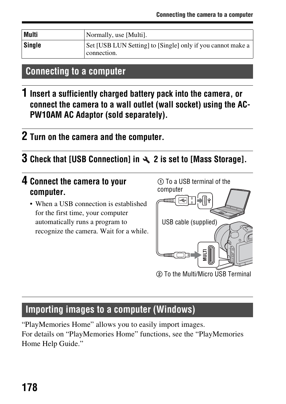 Connecting to a computer, Importing images to a computer (windows) | Sony SLT-A58 User Manual | Page 178 / 215