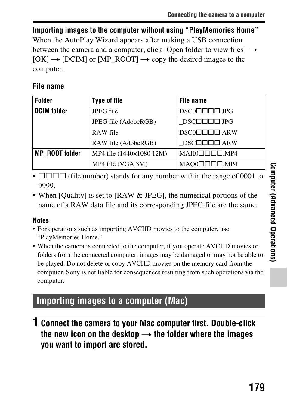 Importing images to a computer (mac) | Sony SLT-A58 User Manual | Page 179 / 215