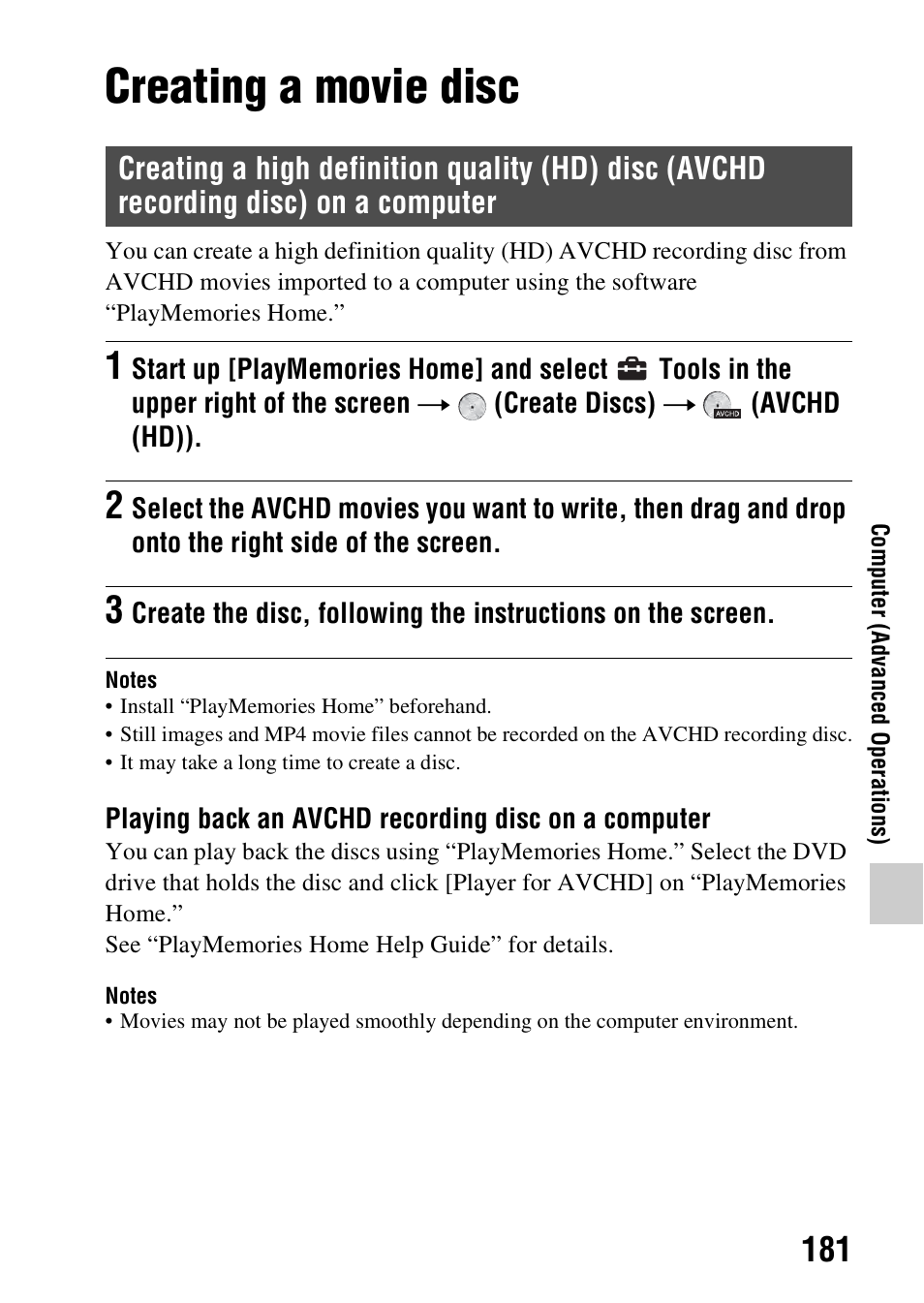 Creating a movie disc, Recording disc) on a computer | Sony SLT-A58 User Manual | Page 181 / 215