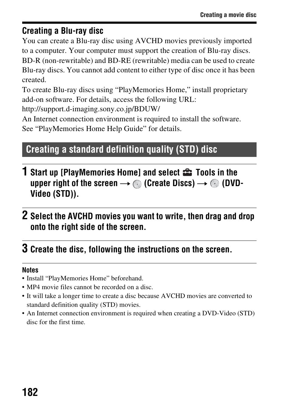 Creating a standard definition quality (std) disc | Sony SLT-A58 User Manual | Page 182 / 215