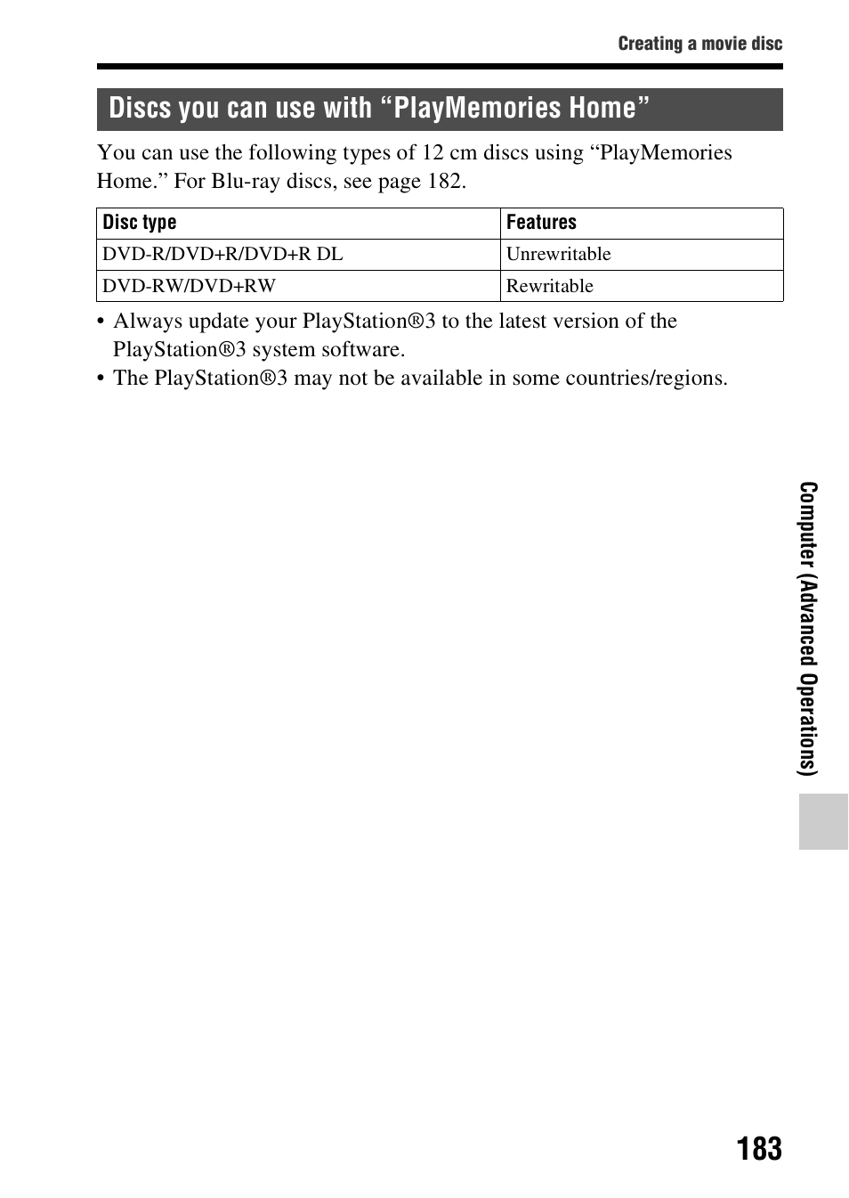 Discs you can use with “playmemories home | Sony SLT-A58 User Manual | Page 183 / 215