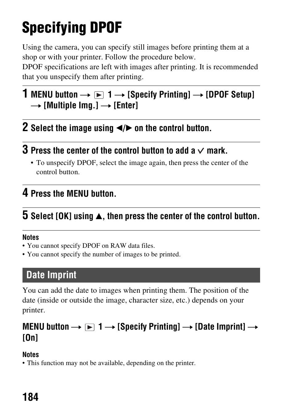 Print, Specifying dpof, Date imprint | Int (184) | Sony SLT-A58 User Manual | Page 184 / 215