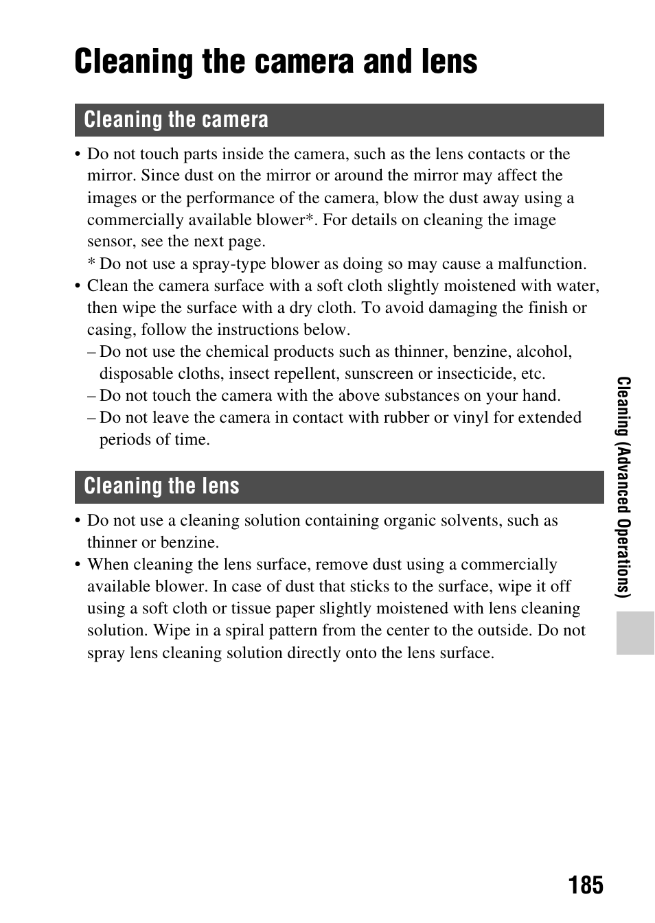 Cleaning, Cleaning the camera and lens, Cleaning the camera cleaning the lens | Sony SLT-A58 User Manual | Page 185 / 215