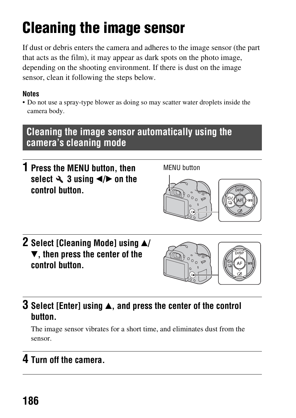 Cleaning the image sensor, Aning mode (186) | Sony SLT-A58 User Manual | Page 186 / 215