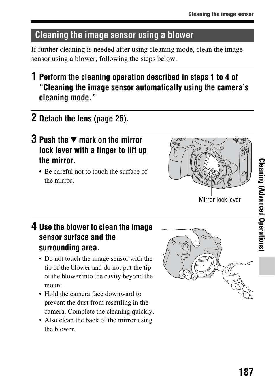 Cleaning the image sensor using a blower | Sony SLT-A58 User Manual | Page 187 / 215