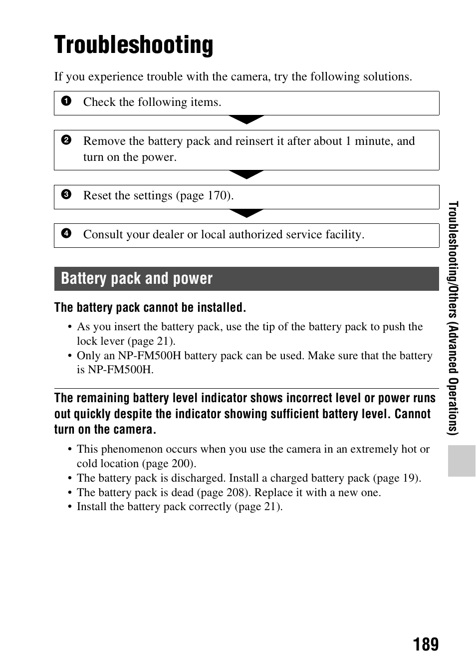 Troubleshooting/others, Troubleshooting, Battery pack and power | Sony SLT-A58 User Manual | Page 189 / 215