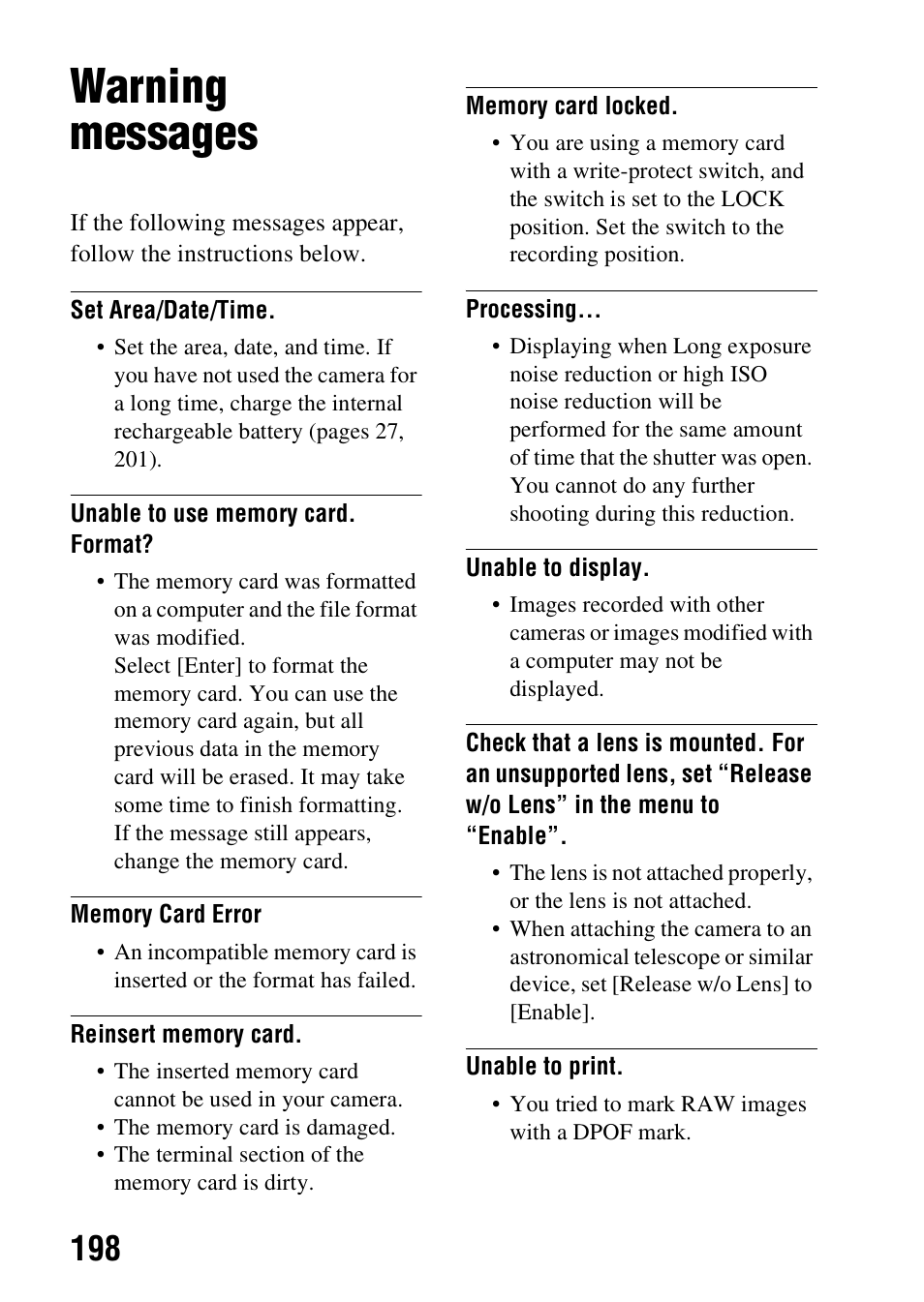 Warning messages | Sony SLT-A58 User Manual | Page 198 / 215