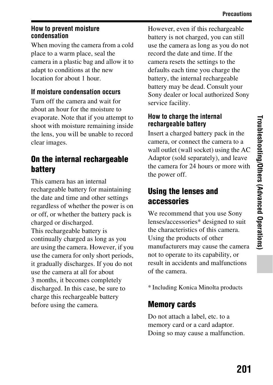 On the internal rechargeable battery, Using the lenses and accessories | Sony SLT-A58 User Manual | Page 201 / 215