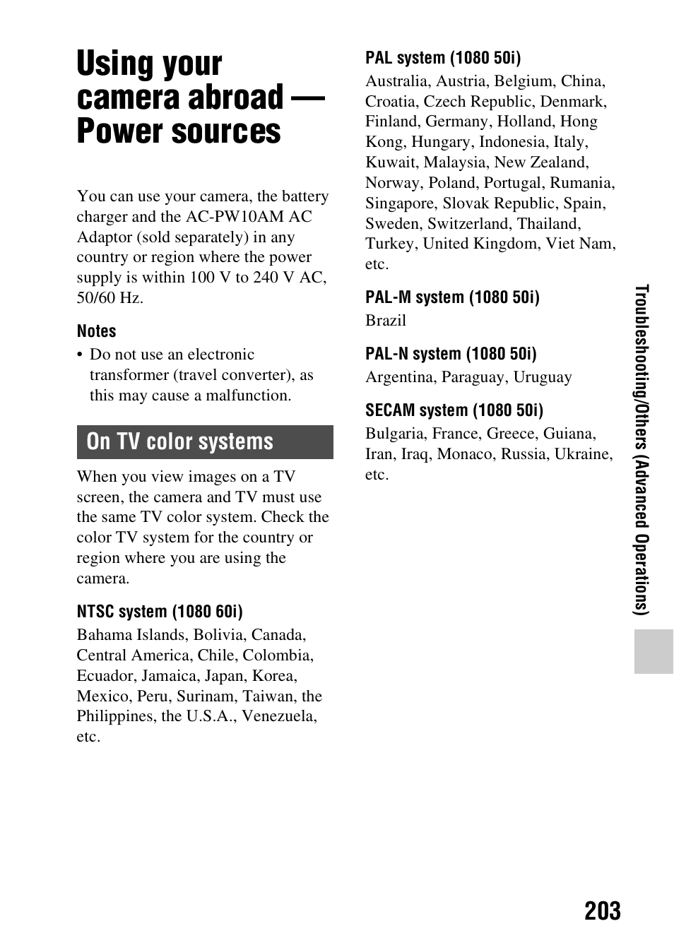 Using your camera abroad - power sources, Using your camera abroad — power sources, On tv color systems | Sony SLT-A58 User Manual | Page 203 / 215