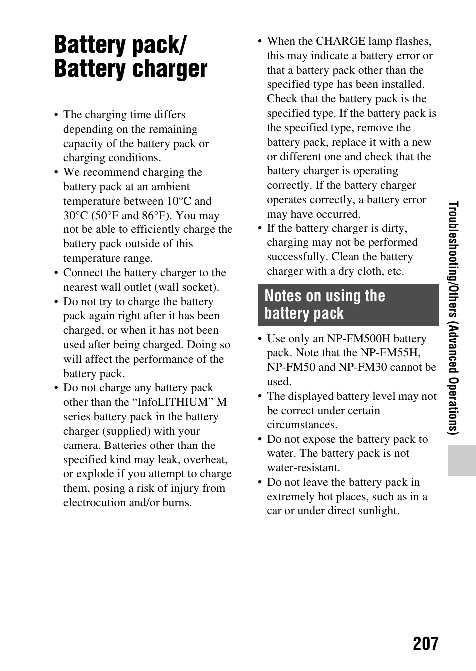 Battery pack/battery charger, Battery pack/ battery charger | Sony SLT-A58 User Manual | Page 207 / 215