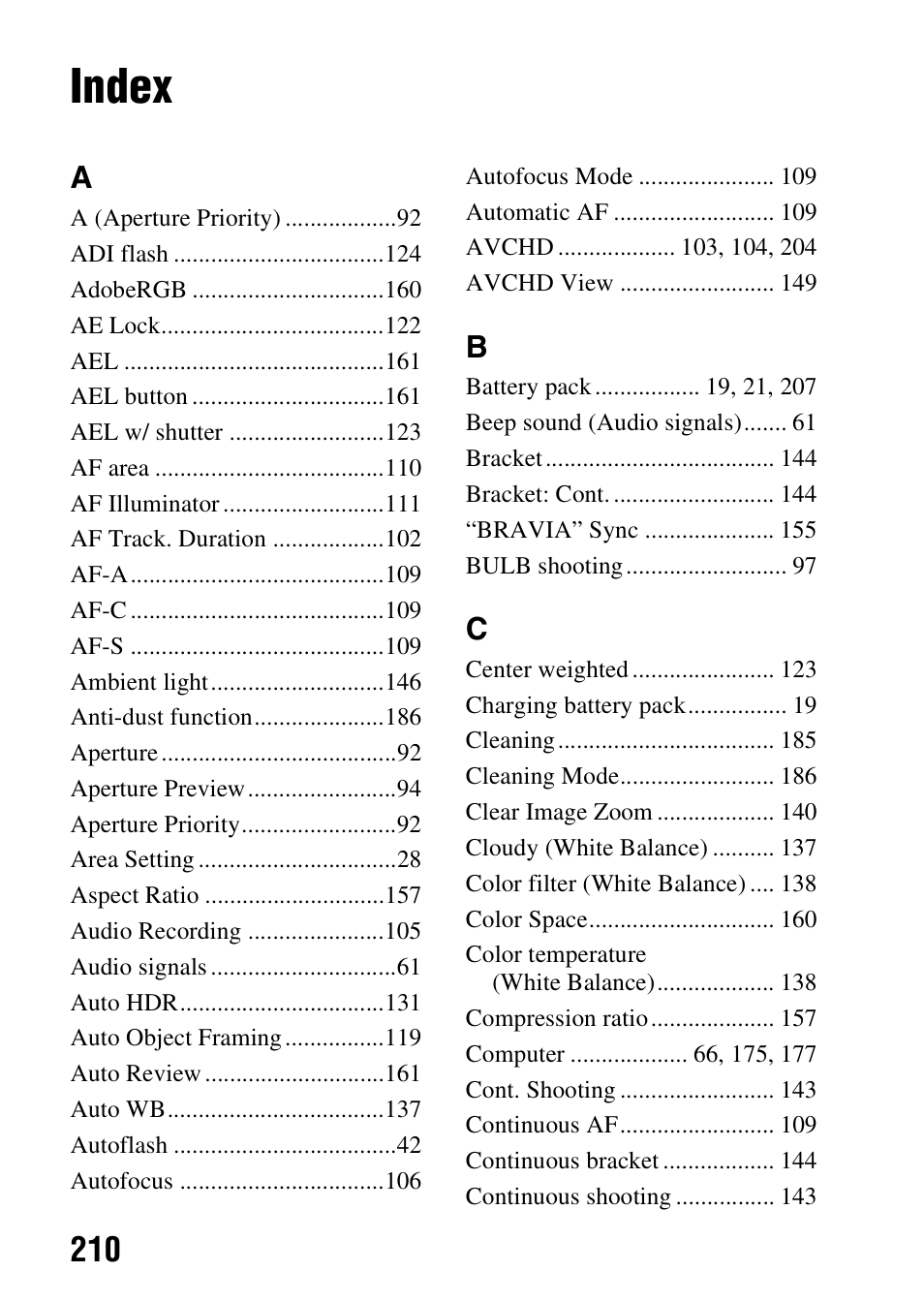 Index | Sony SLT-A58 User Manual | Page 210 / 215